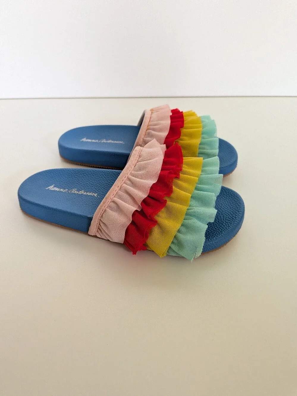 Hanna Andersson Rainbow Ruffle Slide Sandals Girls 11 Blue